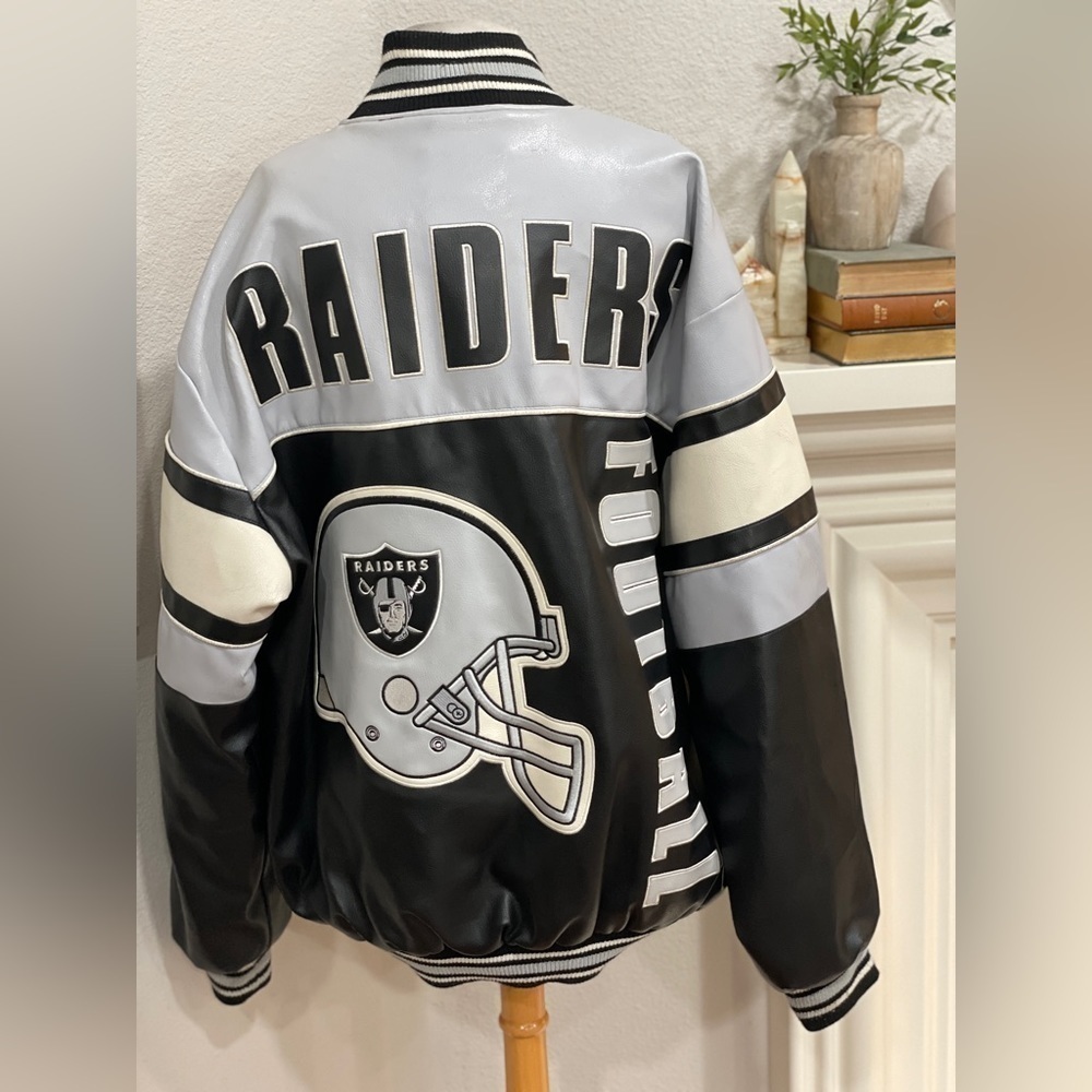 Vintage NFL Raiders Leather Jacket Black Silver Full Zip Football Retro